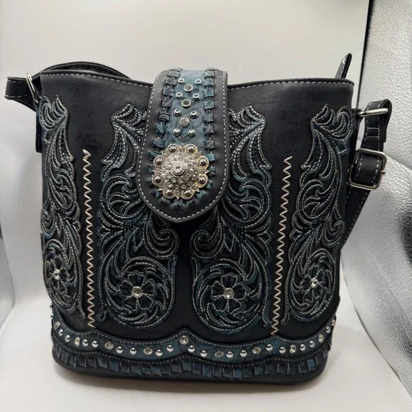 Western Embroidered Crossbody Bucket Bag Black Teal Floral Studded Concho Boho - Picture 1 of 14